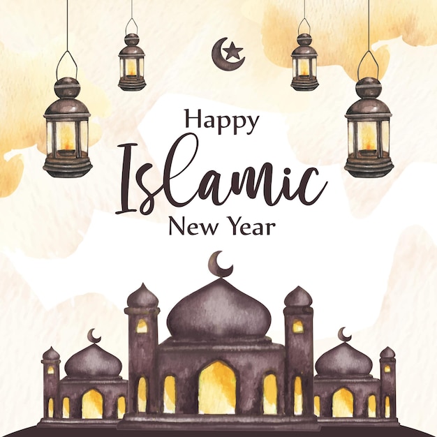 Aquarela da ilustração da mesquita no cartão de felicitações do ano novo islâmico