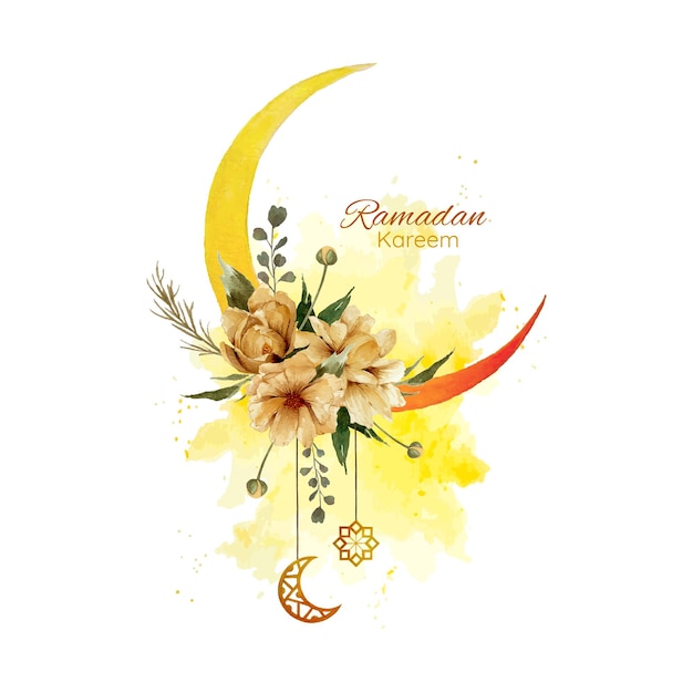 Aquarela da lua crescente para ramadan kareem com fundo de respingo de aquarela e flores douradas