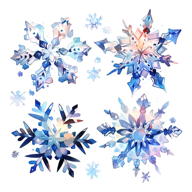 Aquarela de flocos de neve azuis em estilo bonito no conjunto de vetores da temporada de férias de inverno de fundo branco