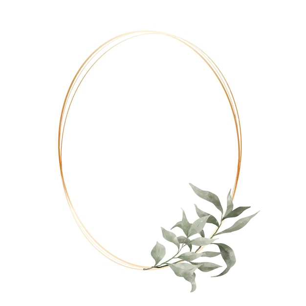 Aquarela de folha verde com moldura geométrica de ouro de luxo isolada em fundo branco borda natural para convite de casamento e ilustração vetorial de cartão