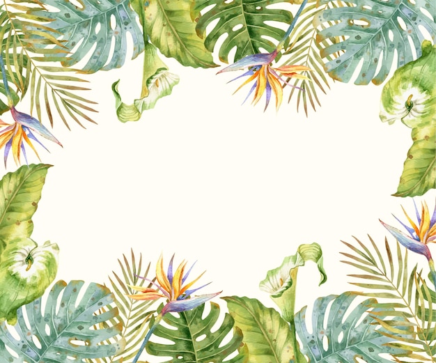 Aquarela de fundo tropical com flores e folhas exóticas