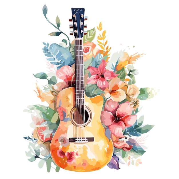 Vetor aquarela de guitarra ilustração floral