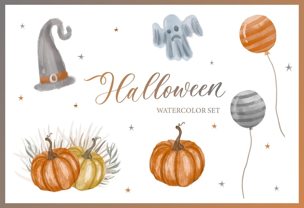 Aquarela de Halloween para convite de festa ou cartão com símbolos tradicionais