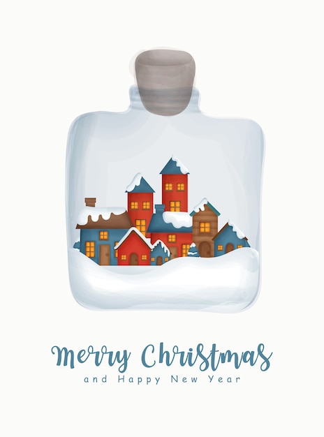 Aquarela de natal com a aldeia de neve em uma jarra para cartão cartão de ano novo.