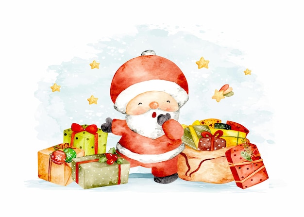 Vetor aquarela de papai noel fofo com presentes de natal