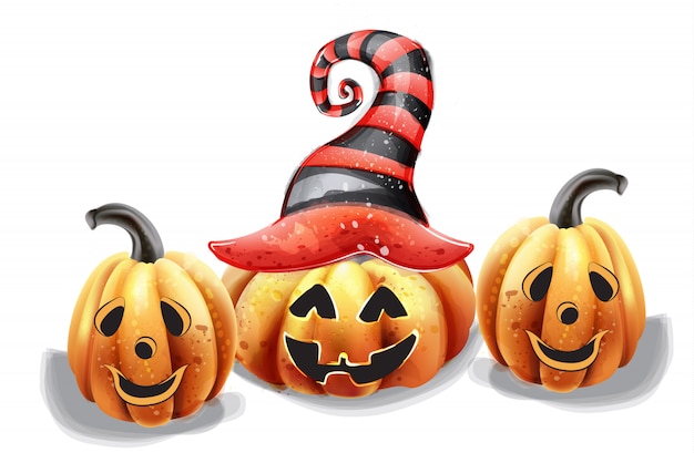 Aquarela de rostos felizes de abóbora de halloween. decorações de chapéu de bruxa abóbora sorridente