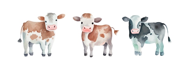 Vetor aquarela de vaca bonita isolada em fundo branco conjunto de animais de vaca de fazenda ilustração vetorial