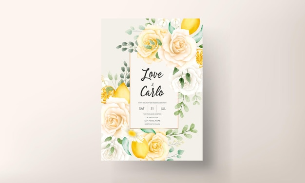 Aquarela de verão floral com limão botânico, cartão de casamento