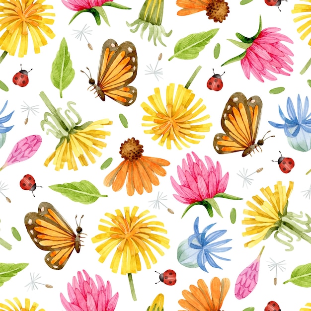 Vetor aquarela dente-de-leão borboletas flores de trevo e flores de milho padrão sem costura