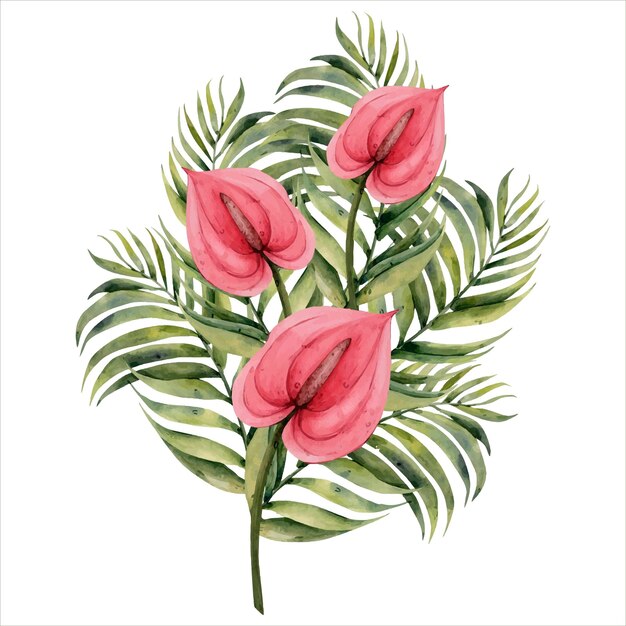 Vetor aquarela desenhada à mão clipe tropical flores tropicais ilustração botânica palmeira lírio-de-leite