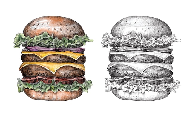 Aquarela desenhada à mão e ilustração de esboço de hambúrguer para menu de restaurante de fast food