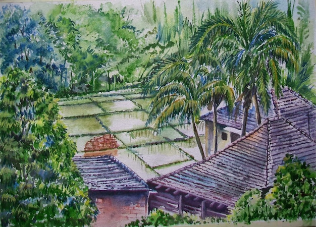 Vetor aquarela desenhada à mão natureza, casa e bela ilustração da árvore