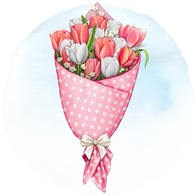 Aquarela desenhada à mão no bouquet de tulipas da primavera