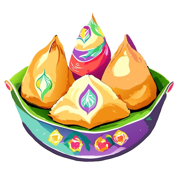 Aquarela desenhada à mão samosa delicioso conjunto de comida