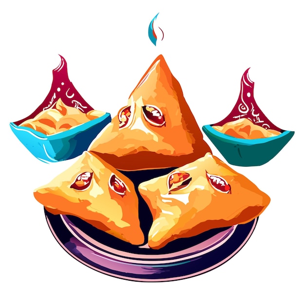 Vetor aquarela desenhada à mão samosa delicioso conjunto de comida