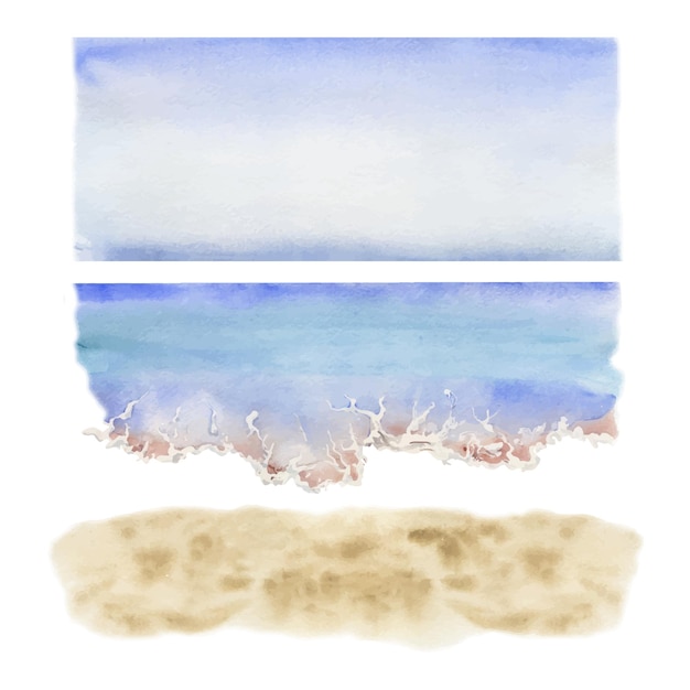 Vetor aquarela desenhada à mão seascape água e surf na praia com água e paisagem do céu isolado no fundo branco design arte da parede impressão de casamento tecido capa cartão livreto de viagens de turismo