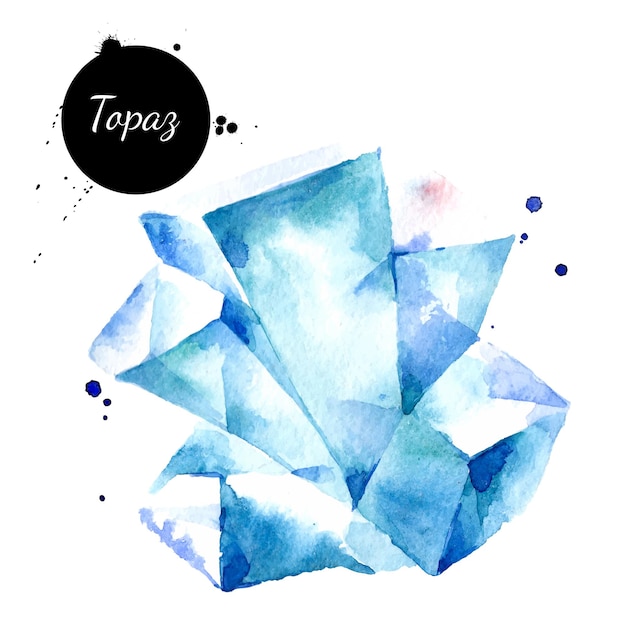 Aquarela desenhada à mão topázio pedra preciosa cristal mineral ilustração vector pintado esboço isolado