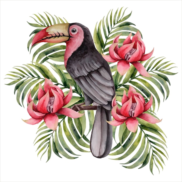 Aquarela desenhada à mão tropical clipart pássaro tucano tropical com ilustração botânica de flores