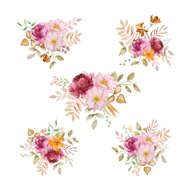Aquarela elegante buquê de flores e folhas de outono