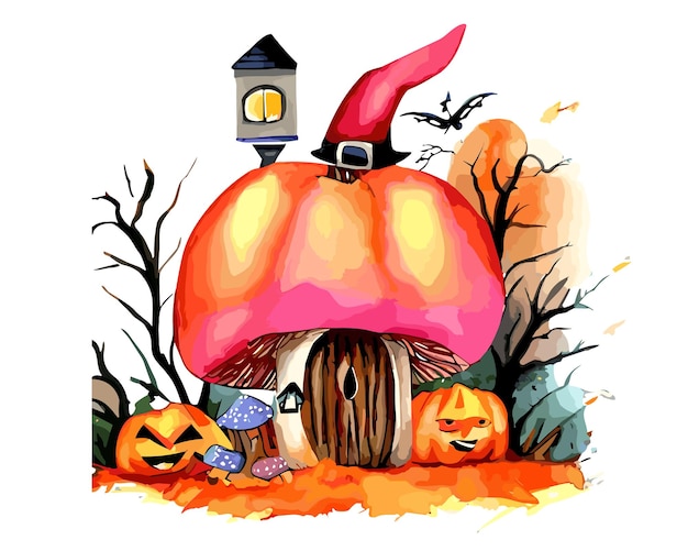 Aquarela fairy mushroom house no outono com uma vibração de abóbora e halloween