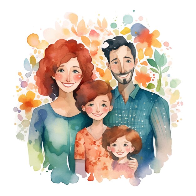 Vetor aquarela família pais e filhos ilustração vetorial com mulher bonita homem e dois filhos