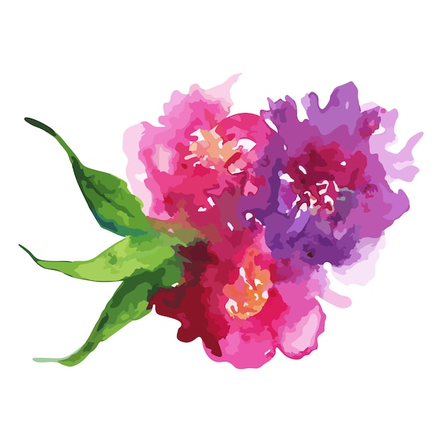 Aquarela flor roxa rosa peônia floral rosa cravo folha de flor de lapela conjunto de ilustração isolado vetor