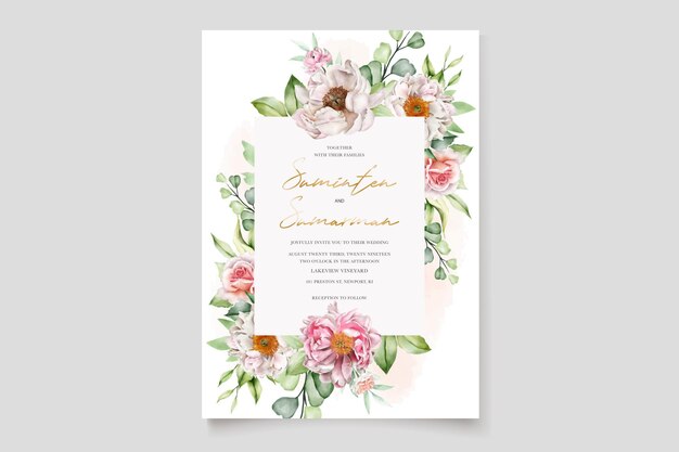 Aquarela floral peônias e rosas cartão de convite de casamento