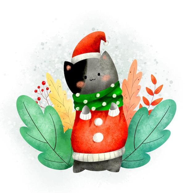 Aquarela Fofinho Gato e planta de Natal