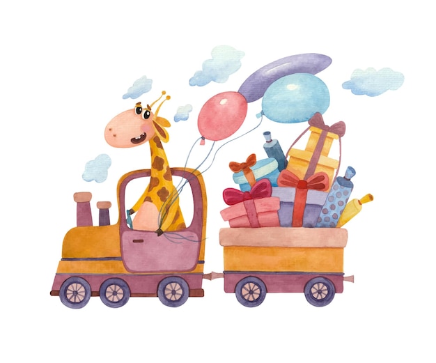 Aquarela foto infantil com uma girafa e um trem a vapor cheio de presentes e balões