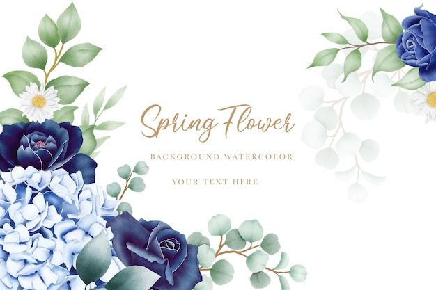 Aquarela fundo floral com rosas azuis hortênsia e folhas verdes Perfeito para convites cartões de saudação e desenhos de casamento