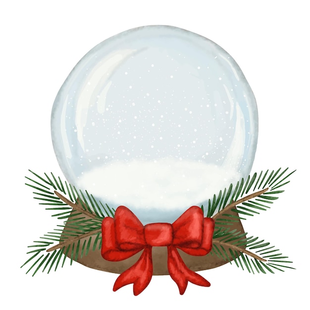 Aquarela globo de neve agitação de bola de vidro com galhos de árvore de natal e laço vermelho feito à mão não ai