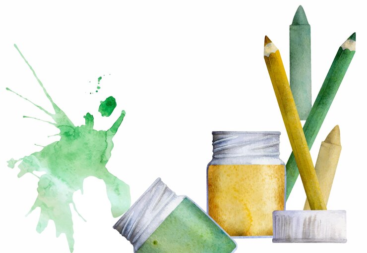 Vetor aquarela ilustração desenhada à mão crianças crianças materiais de pintura suprimentos amarelo verde papelaria e salpico composição isolada em branco para cartões de festa de jardim de infância da escola loja de site