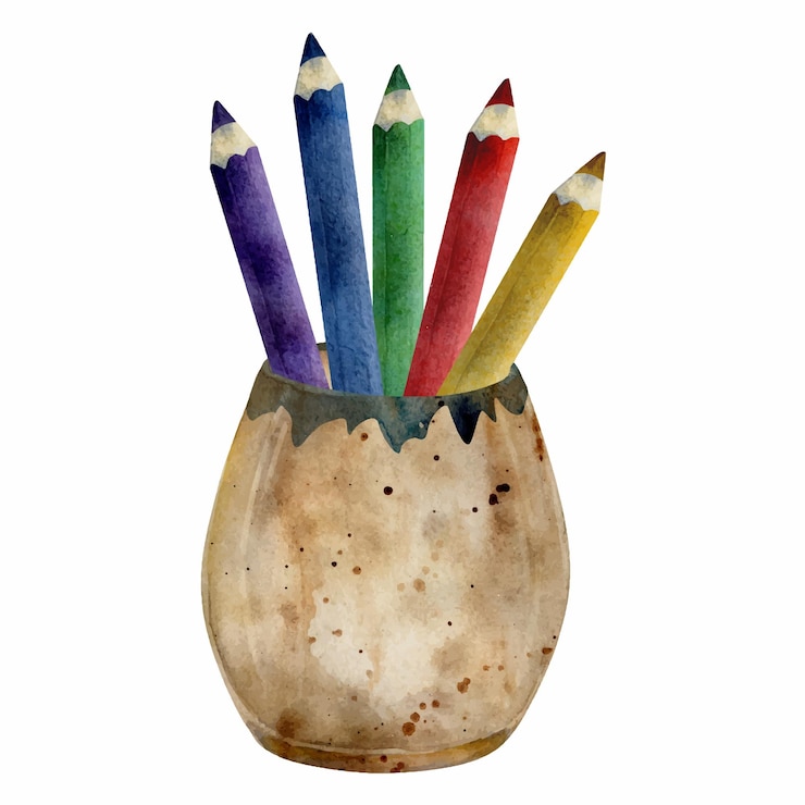 Vetor aquarela ilustração desenhada à mão crianças crianças materiais de pintura suprimentos lápis de cor em cerâmica
