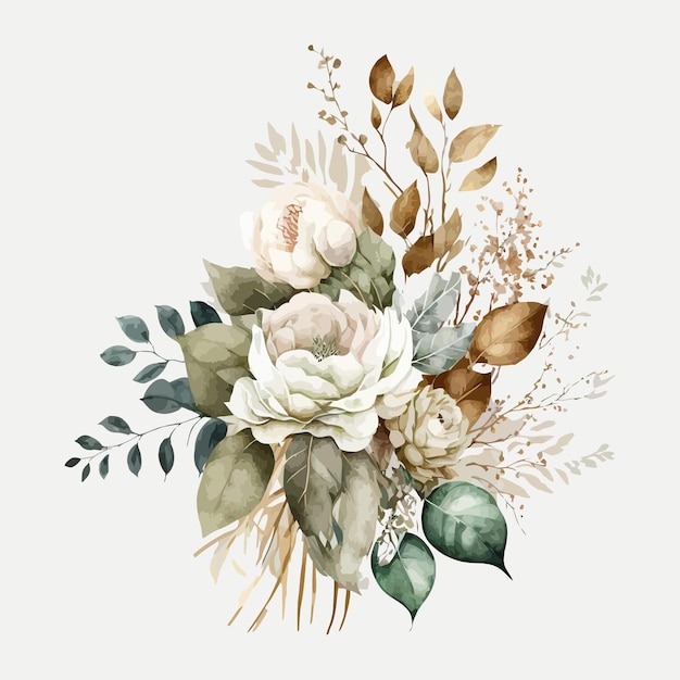 Aquarela ilustração floral buquê flores brancas rosa peônia verde e coleção de ramos de folha de ouro Modelo de elementos decorativos Ilustração plana dos desenhos animados isolada no fundo branco