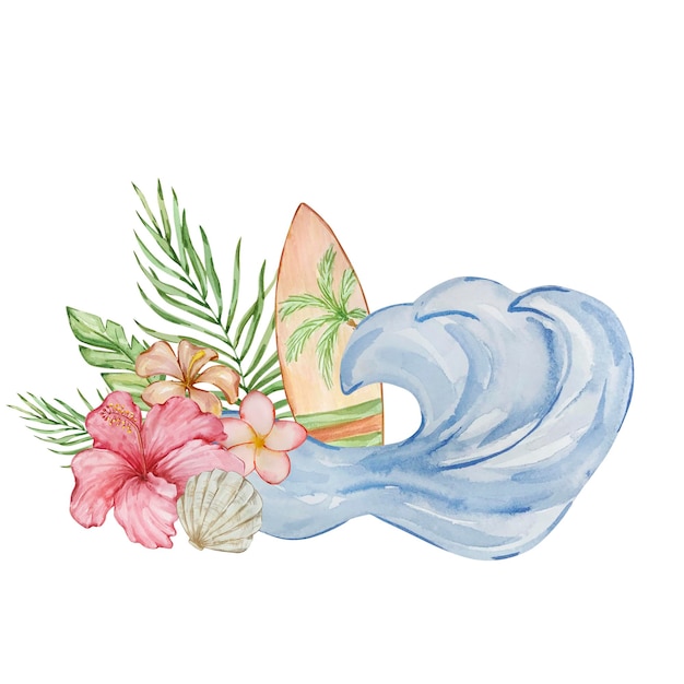 Aquarela ilustração tropical de elementos de praia e flores