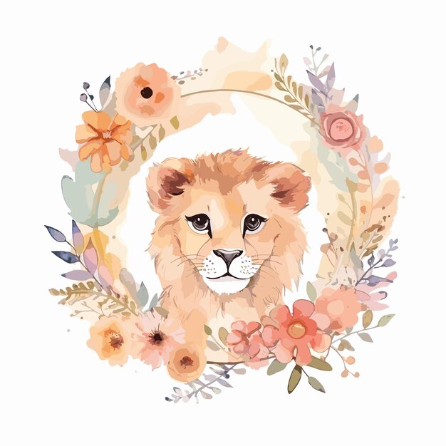 Vetor aquarela leão bebê com flores ilustração de animal bonito