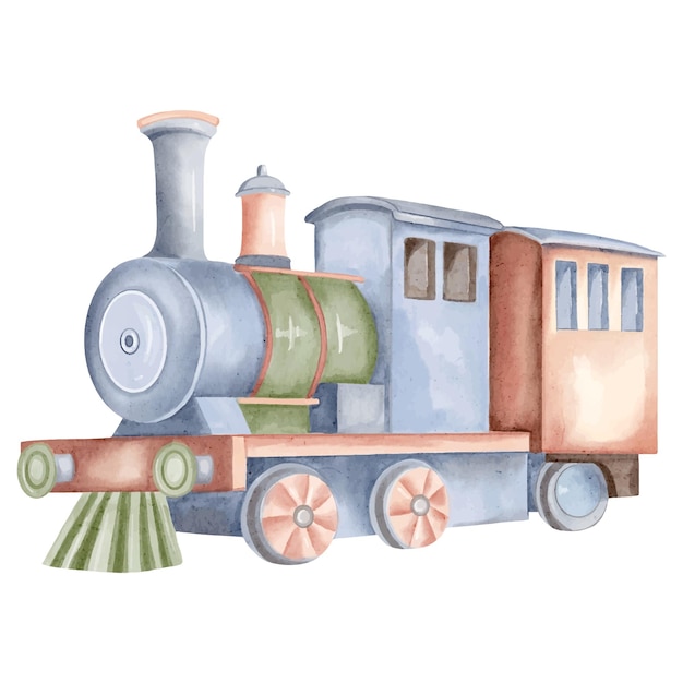 Vetor aquarela locomotiva ilustração de um comboio de brinquedo bonito brinquedos aquarelados comboio de cores pastel