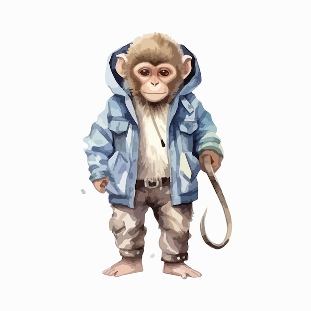 Vetor aquarela macaco vestindo roupas divertidas fundo branco engraçado isolado