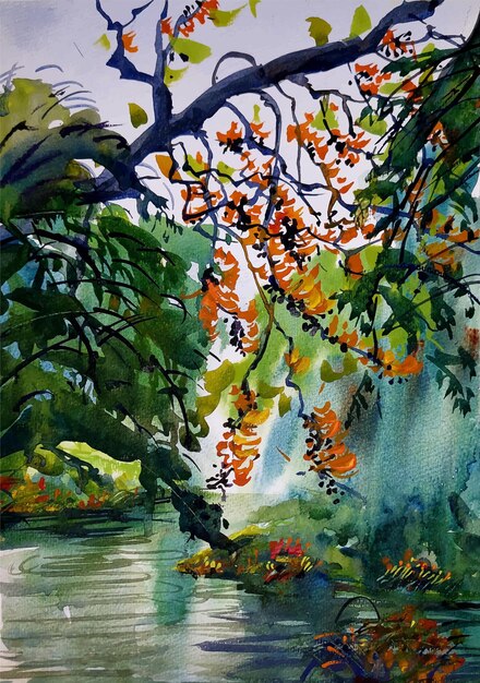 Aquarela natureza paisagem flor ilustração desenhada à mão