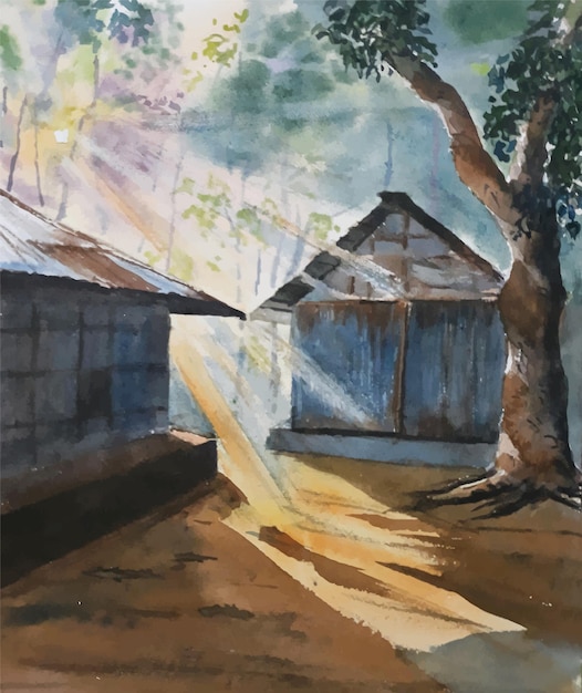 Aquarela natureza paisagem luz da manhã com casa