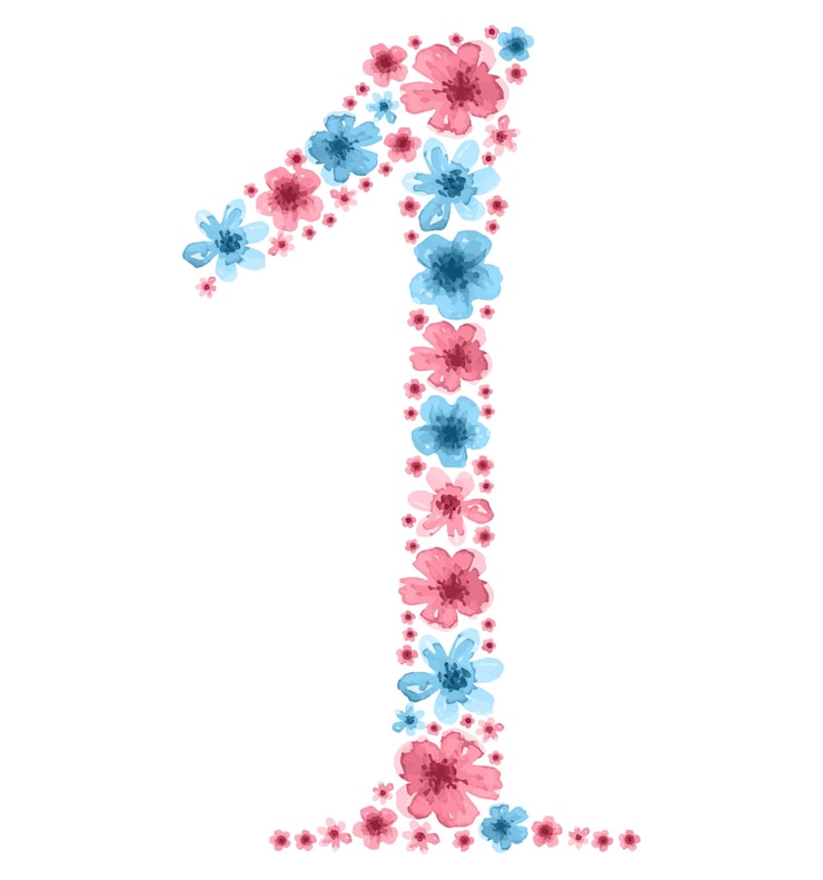 Vetor aquarela número 1 de flores azuis e rosa adequado para cartazes de banners de decorações de cartões postais