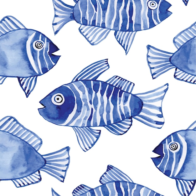 Aquarela padrão sem costura com peixes crianças desenho simples peixe azul em fundo branco