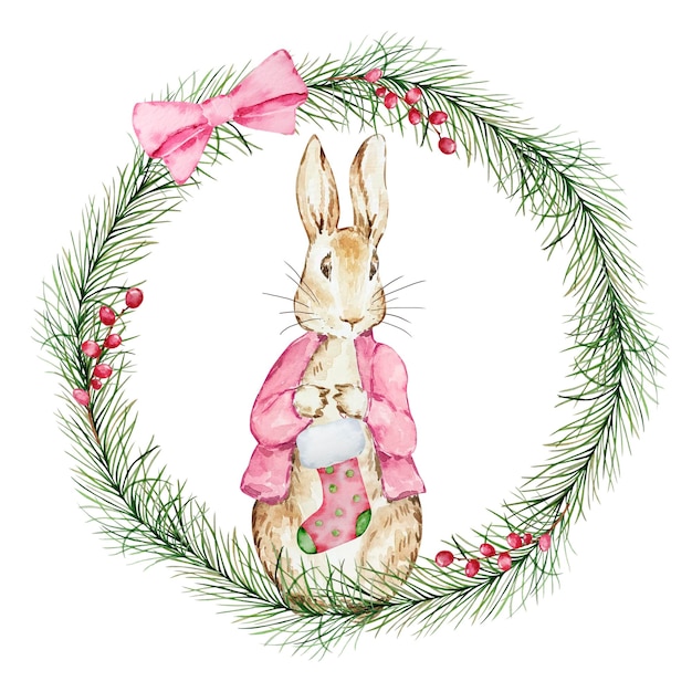 Aquarela peter rabbit com meia de natal e coroa de flores de inverno