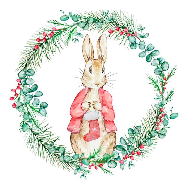 Aquarela peter rabbit com meia de natal e coroa de flores de inverno