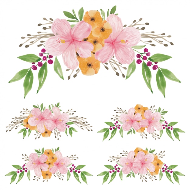 Vetor aquarela pintada à mão de conjunto de buquê de flores de hibisco