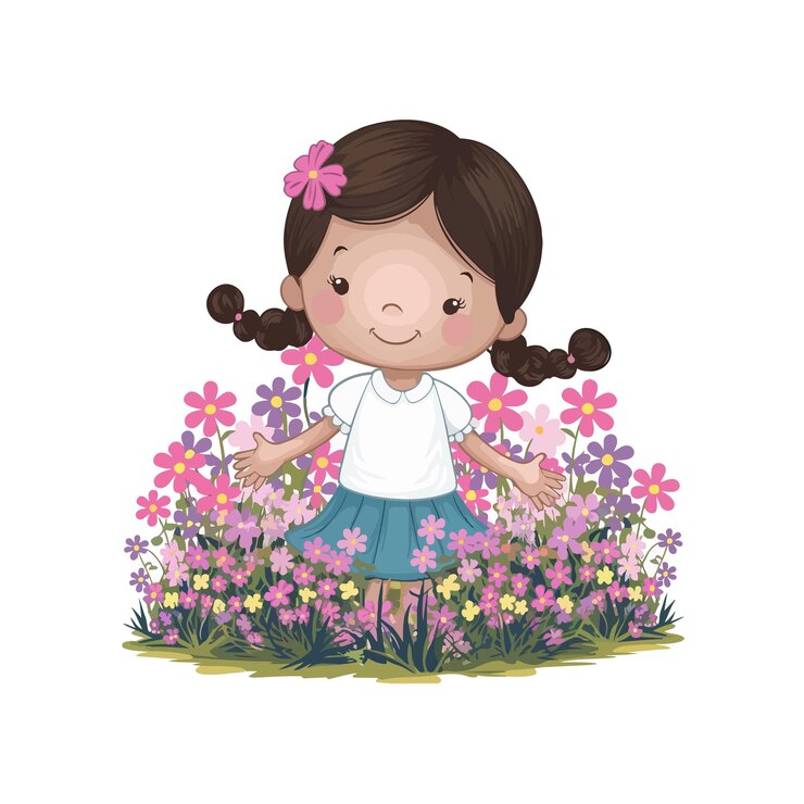 Vetor aquarela pintada à mão, menina com flores.