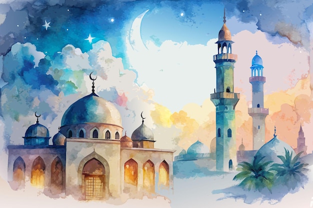 Vetor aquarela pintura de mesquita aquarela ramadan arte islâmica