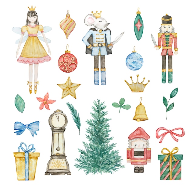 Aquarela quebra-nozes conjunto de natal bailarina soldado rato rei e brinquedos