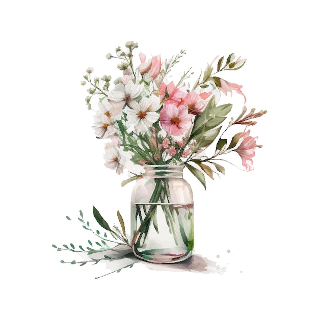 Aquarela rosa selvagem e flores brancas em vaso