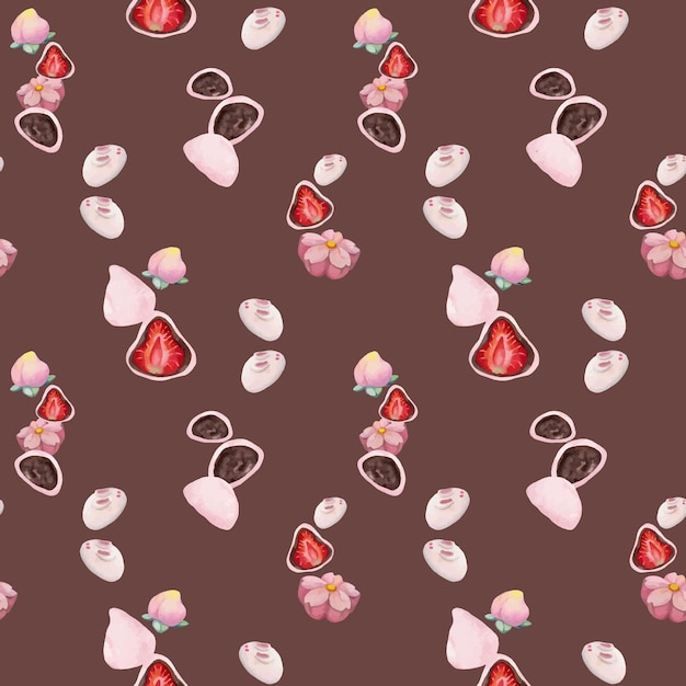 Aquarela sem costura padrão com doces japoneses tradicionais desenhados à mão wagashi mochi flor de sakura isolado na cor de fundo convites menu de restaurante cartões de saudação impressão têxtil